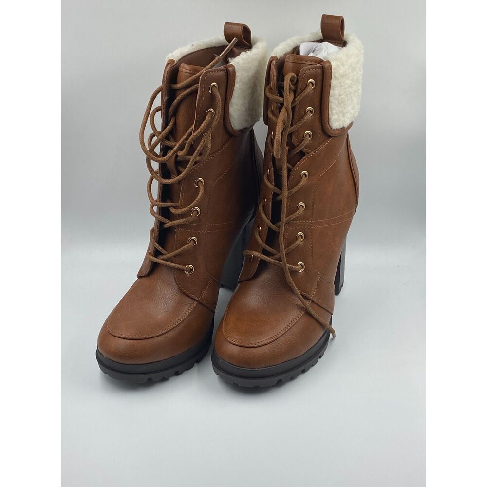 JustFab Brown Lace-Up Wedge Ankle Boots with Cream Shearling Collar